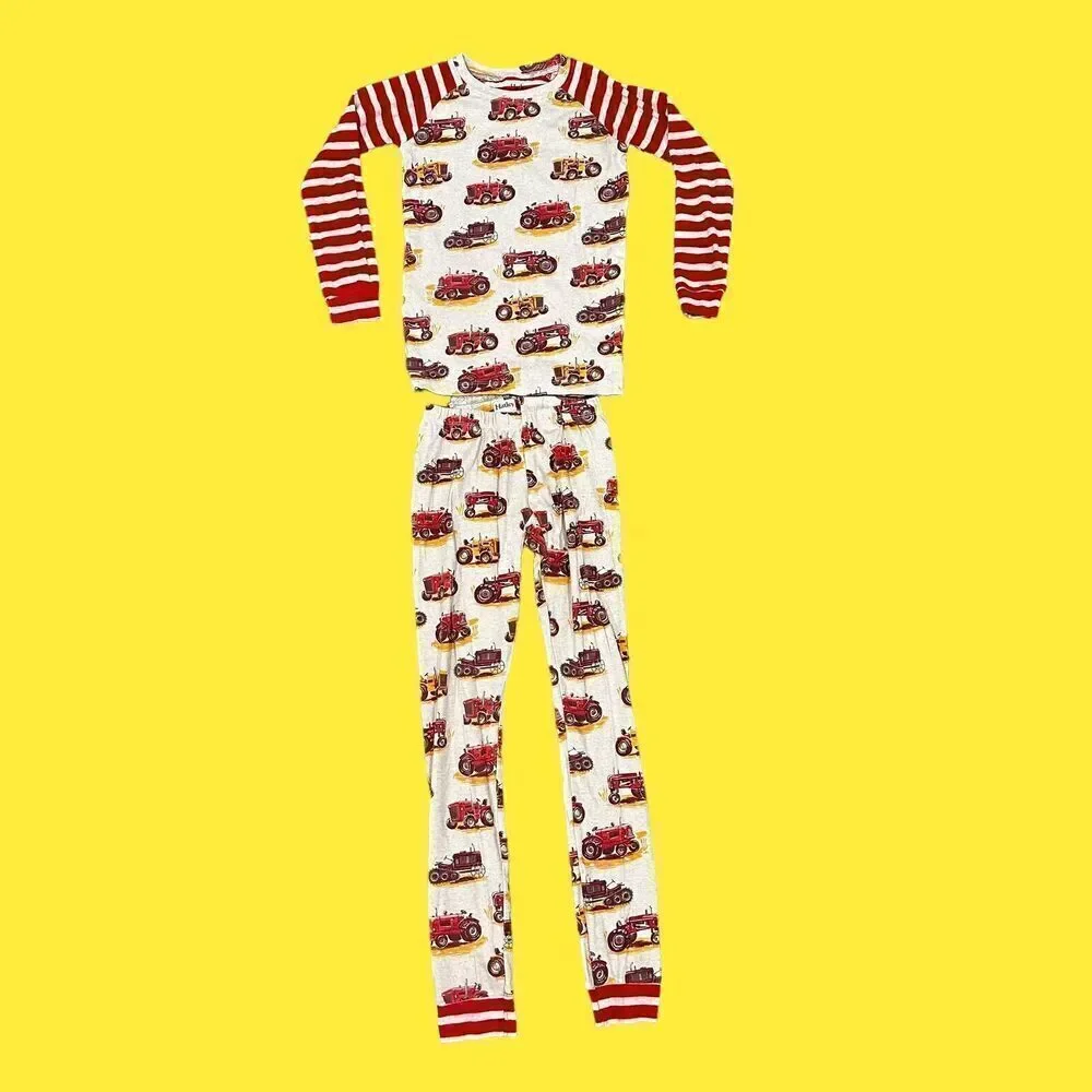 Hatley Kids Size 10 Organic Cotton Tractor Print Pajama Set Red Cream Snug Fit‎